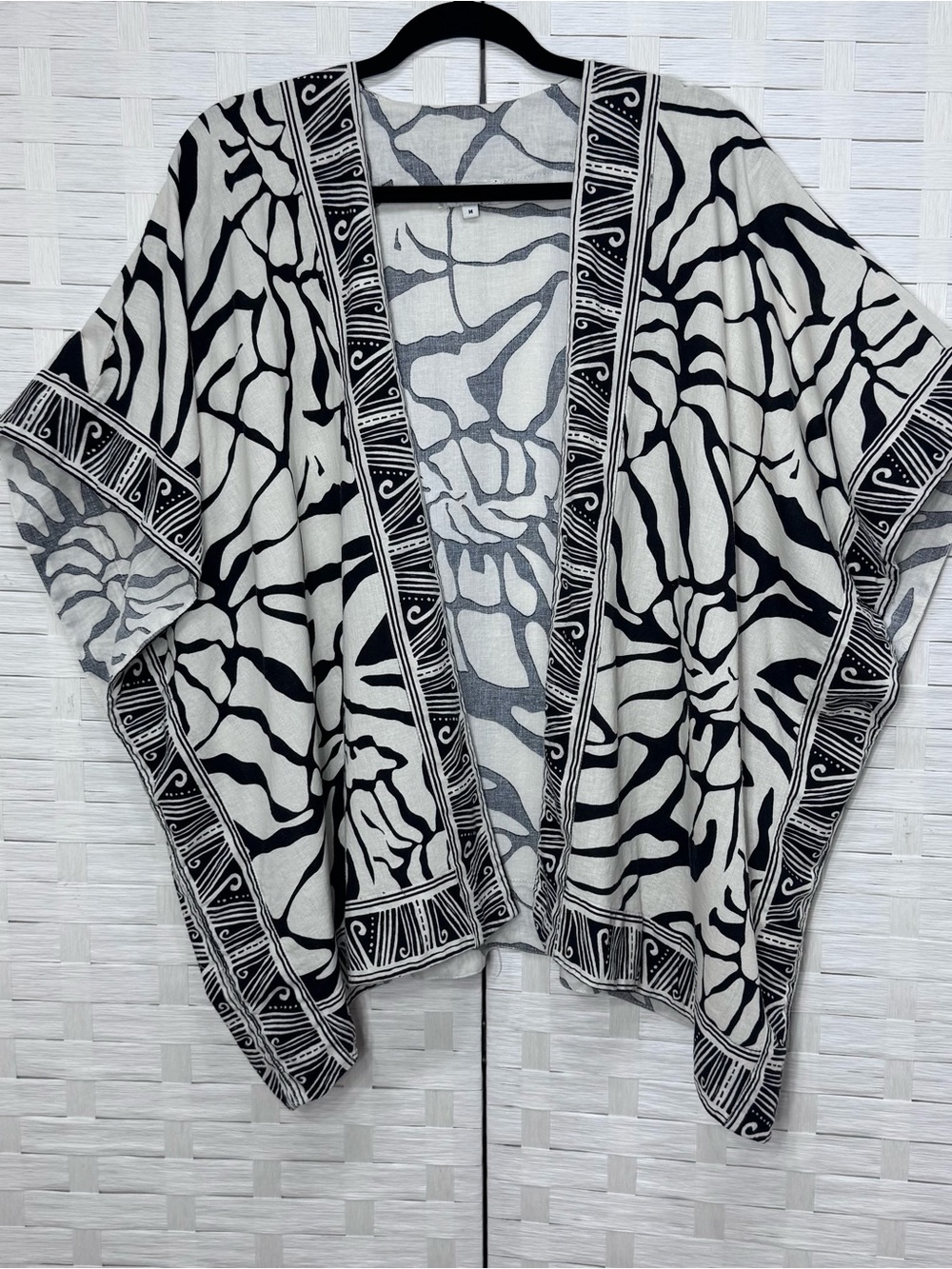 Rachel Zoe Black Cream Floral Oversized Linen Blend Open Front Kimono Size Med
